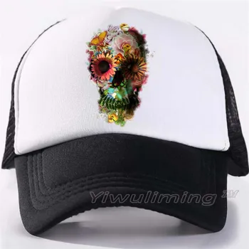 

New Summer Trucker Caps Flower Skull Head Cool Summer Black Adult Cool Baseball Mesh Net Trucker Caps Hat for Men Adjustable
