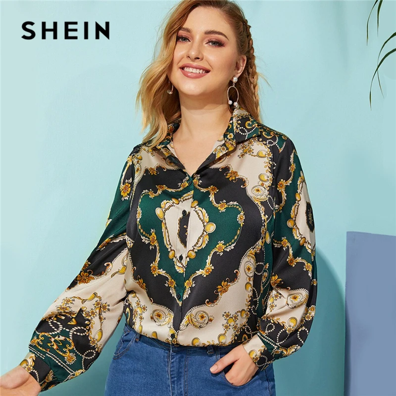  SHEIN Plus Size Multicolor Scarf Print Satin Shirt Blouse 2019 Women Spring Fall Classy Button Coll