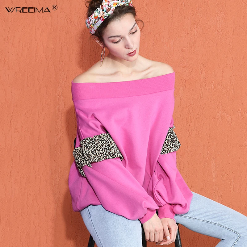 Slash Cou shirt Mode Longues Femmes T À Léopard Tricoté Hauts Large Patchwork Rose Manches Pull Haut Féminin Décontracté 7U4UOxw5q