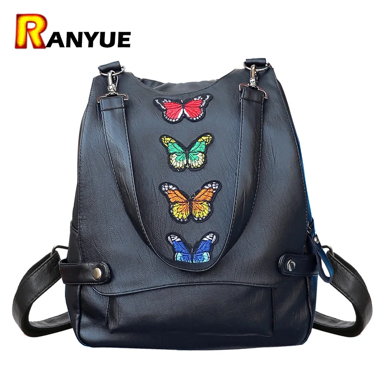 Black Butterfly Backpack Women Pu Leather Backpack Shoulder School Bag
