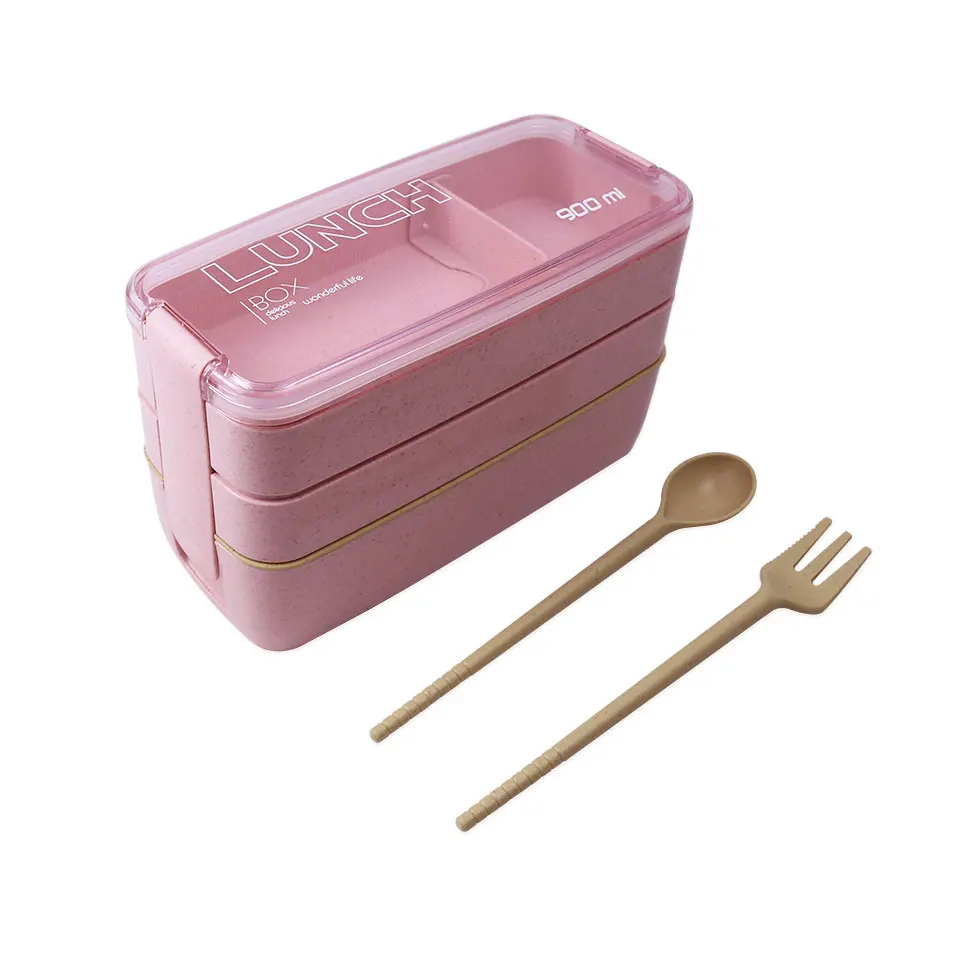 900 мл 3 слоя Bento Box экологически чистый Ланч-бокс пищевой контейнер из пшеничной