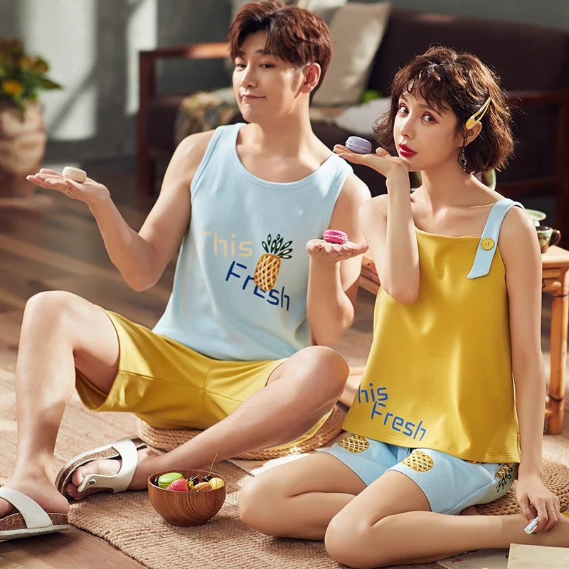 

Couple Vest Pajamas Summer 100%Cotton Sleeveless Pajama Sets Casual Soft Plus Size M-3XL Lovers Homewear Clothing Women Pijamas