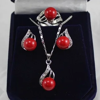

Hot sale new Style >>>>Genuine 10mm Coral Red South Sea Shell Pearl CZ Earringes Necklace qRings Free Shipping