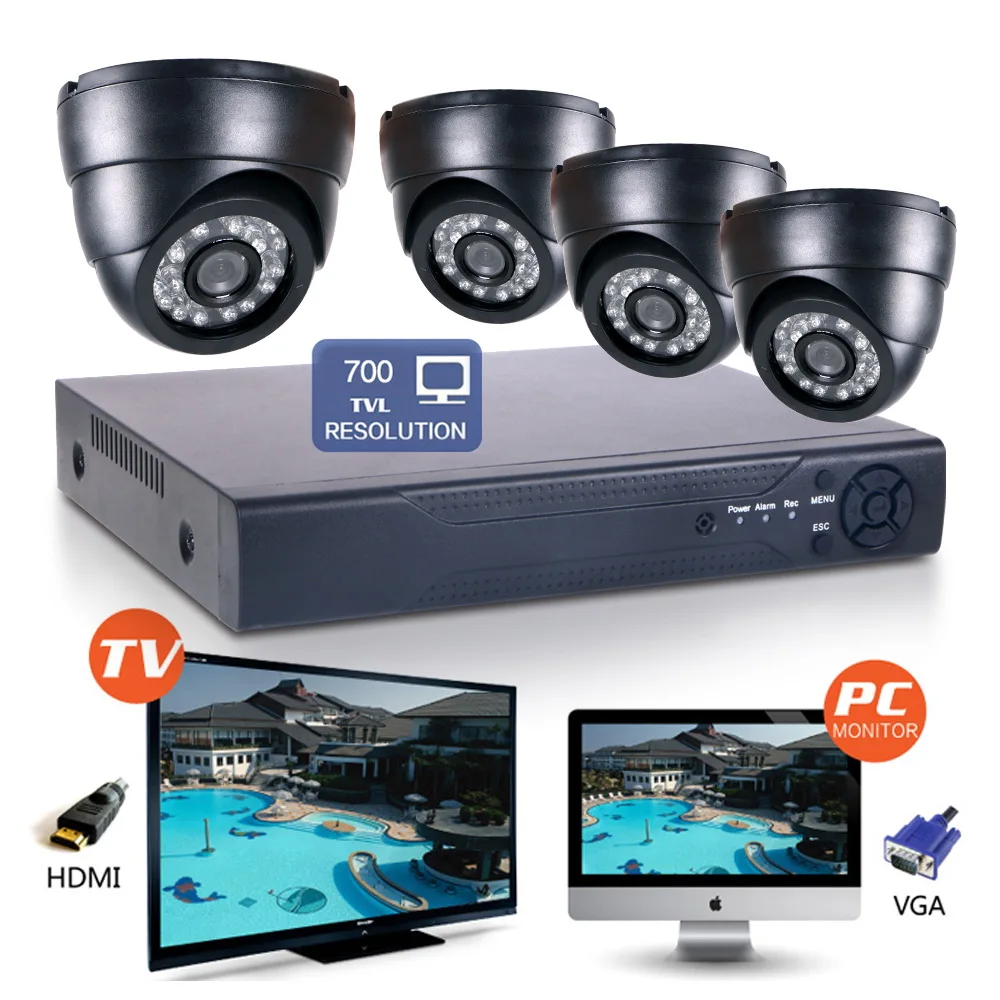 4CH H.264 Безопасности DVR NVR HD Широкоугольный CMOS 700TVL 24IR 3.6 мм высокого разрешения
