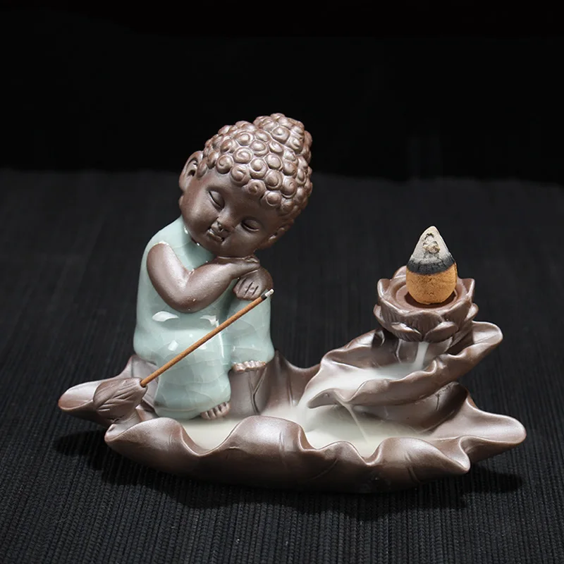 Ceramic Small Buddha Backflow Incense Burner Lotus Flower Smoke Waterfall Incense Holder Censer Use In Home Office Teahouse