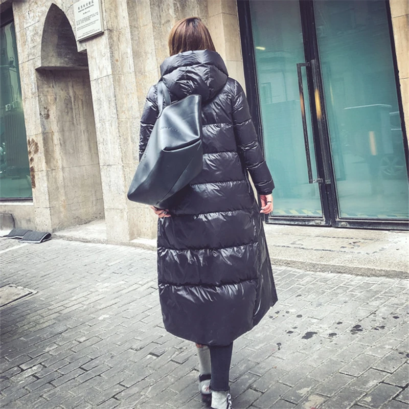 Новинка зимнее женское пуховое пальто корейского размера плюс длинный пуховик с капюшоном черное толстое теплое Женское пальто Модная Куртка парка