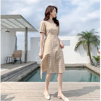 

Retro Hong Kong style plaid plaid collection waist short sleeve dress summer new loose in dress