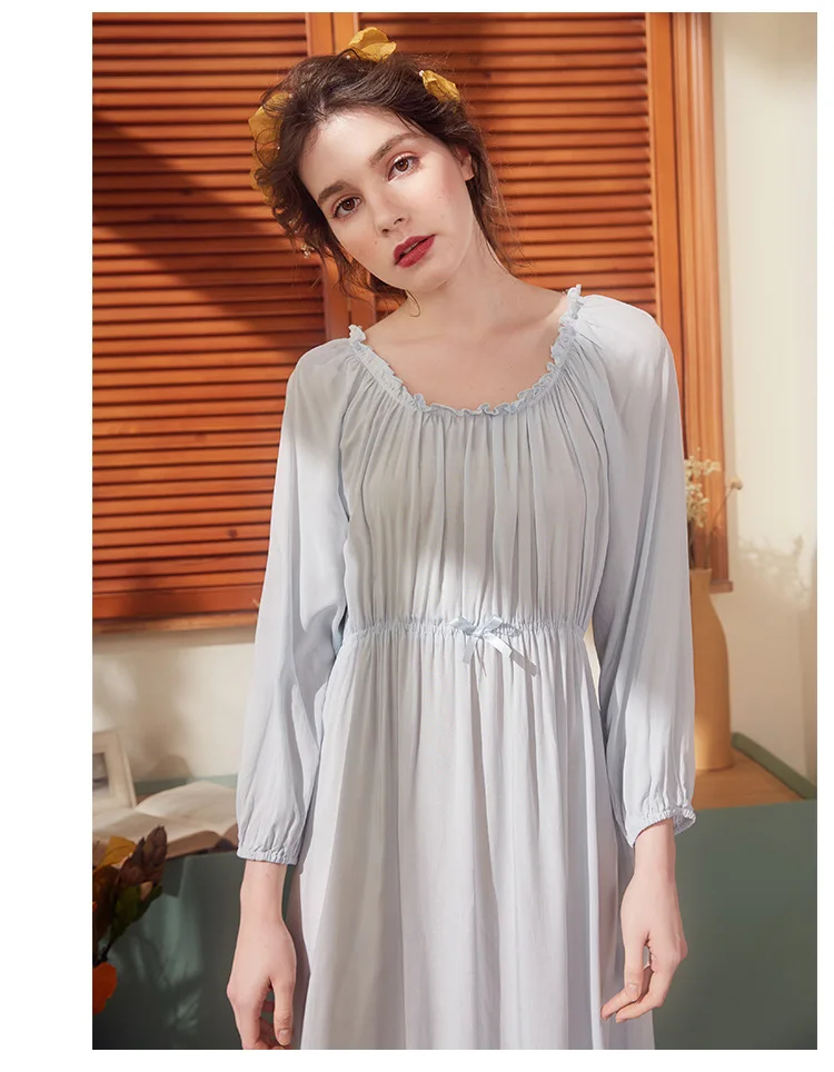 Весенняя милая и Милая Ночная рубашка в стиле ретро с воланами, Женская свободная однотонная сексуальная пижама с длинным рукавом, хлопковое домашнее платье для сна