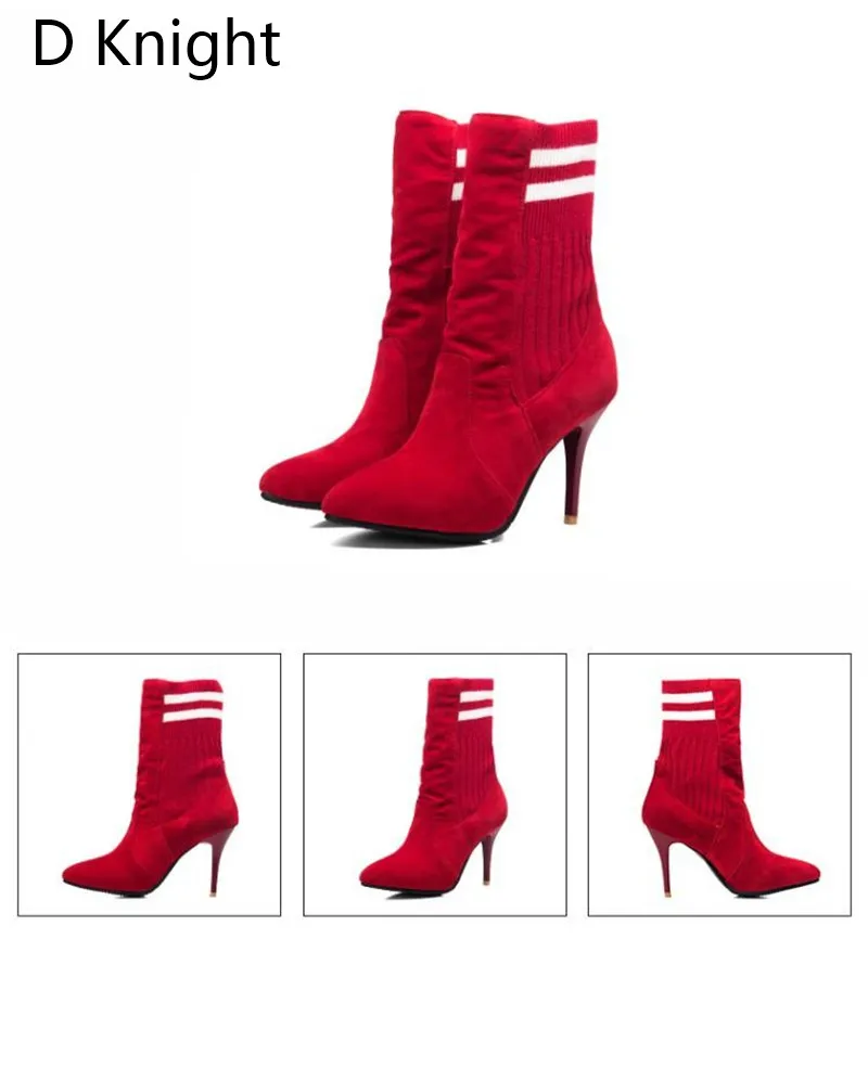 Fashion Elastic Ankle Sock Boots Stretch Thin High Heels Women Winter Sexy Black Booties Pointed Toe Women Pumps Plus Size 33-43 (8)