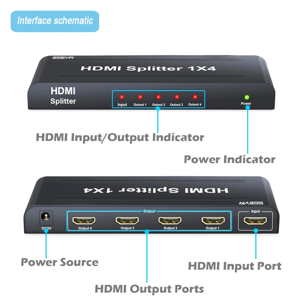 1x4 HDMI Splitter SGEYR 4 Way HDMI Splitter 1 Input 4 Output Smart 1 to 4 Splitter Support Full HD 1080P3D multimedia