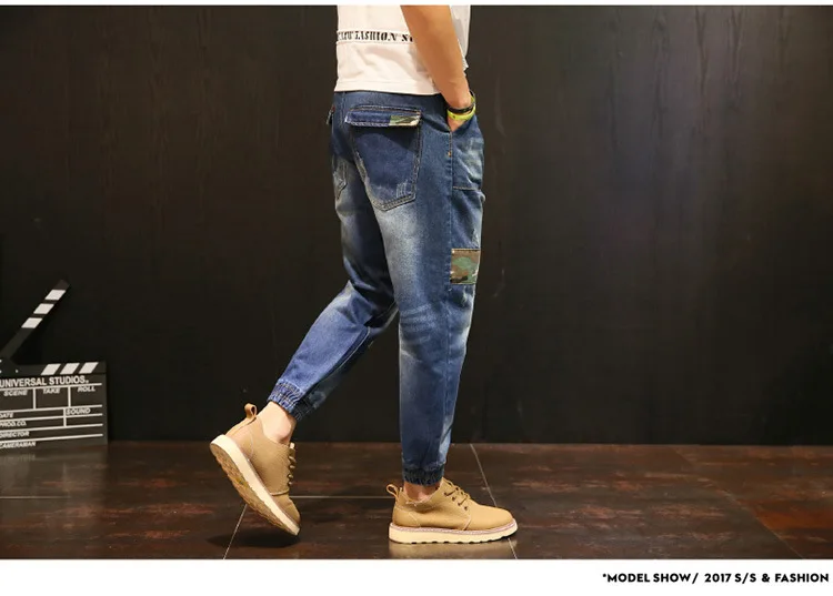 Для мужчин лоскутное Эластичный ретро джинсы-шаровары в стиле хип-хоп Уличная Камуфляж синие джинсы джоггеры плюс Размеры Для мужчин