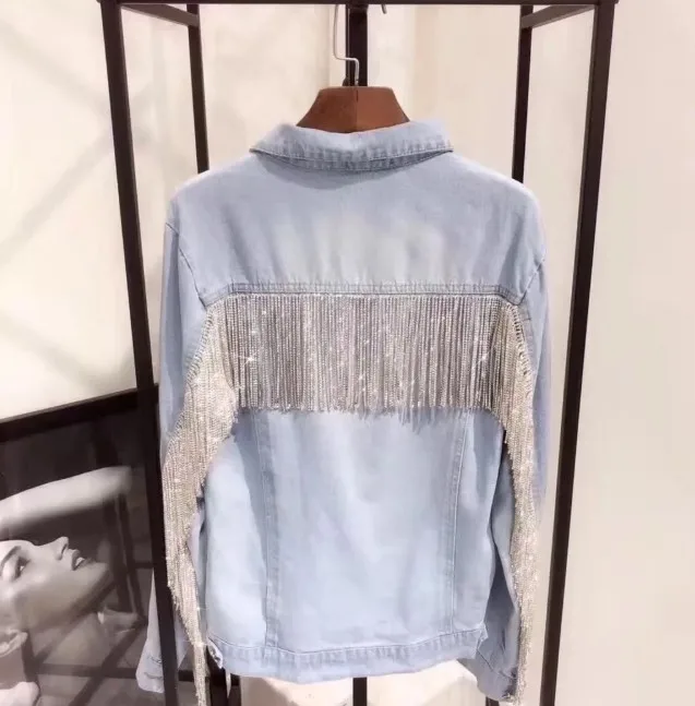 

2019 New Spring and Autumn Women Jacket Coat Luxury Heavy Water Drill Chain Tassel Pendant Water Wash Denim Jacket Loose Outwear