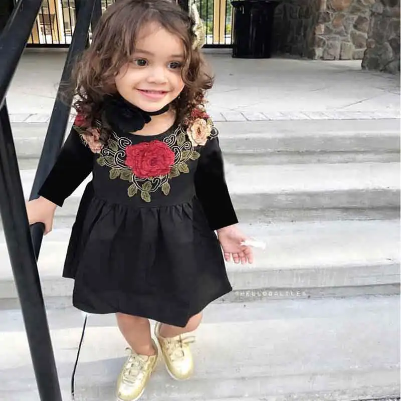 New Fashion Girls Dress Embroidery Big Flower Baby Girls Dresses Black Long Sleeve Fall Girls Clothing Party Girls Outfit  (4)