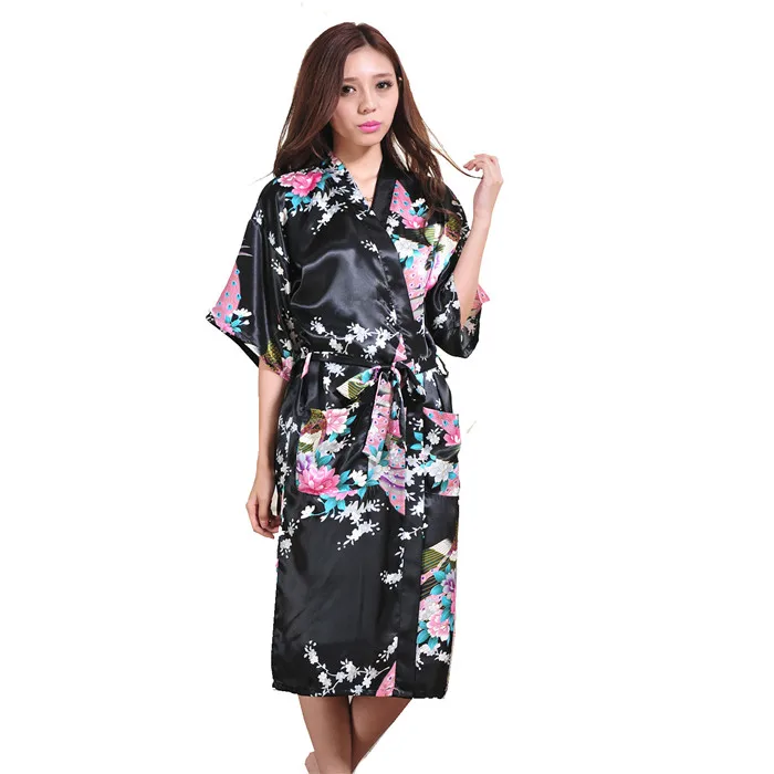 Модные золотые Для женщин Silk район Ночное Sexy кимоно Robe платье цветок Pijama feminino oversize размеры S M L XL XXL, XXXL s001-i - Цвет: Black