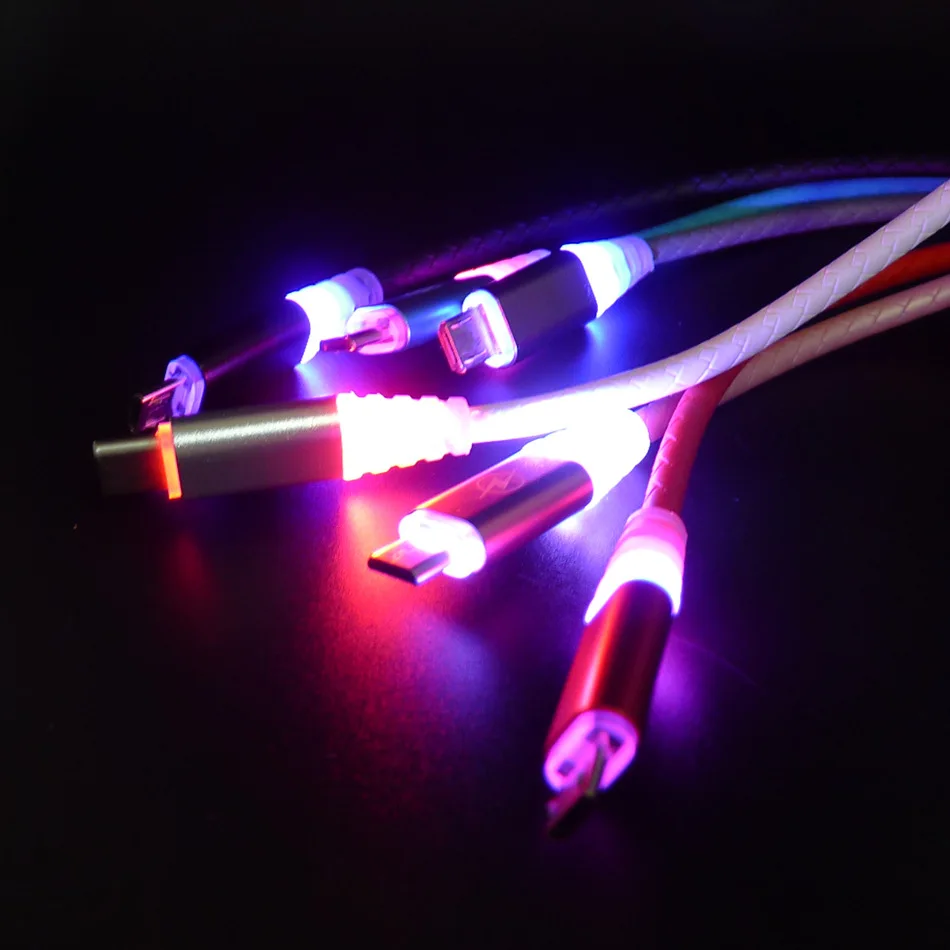 20 قطعة/الوحدة الجملة 1 متر 3ft LED الإضاءة مايكرو USB شحن كابل جلد ضوء الوهج بيانات خط الحبل لالروبوت iOS جهاز محمول