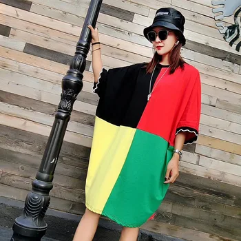 

2018 summer new loose large size stitching long ladies dress positive and negative can wear personalized casual bat sleeve dress