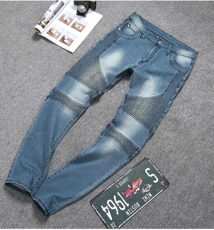 Европейские и американские уличные байкерские джинсы бренд личность мужские мотоциклетные джинсы плиссированные тонкие узкие брюки