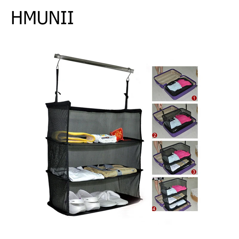 

HMUNII 3 Layers Portable Travel Storage Mesh Bag Hook Hanging Organizer Wardrobe Clothes Storage Rack Holder Travel accessories