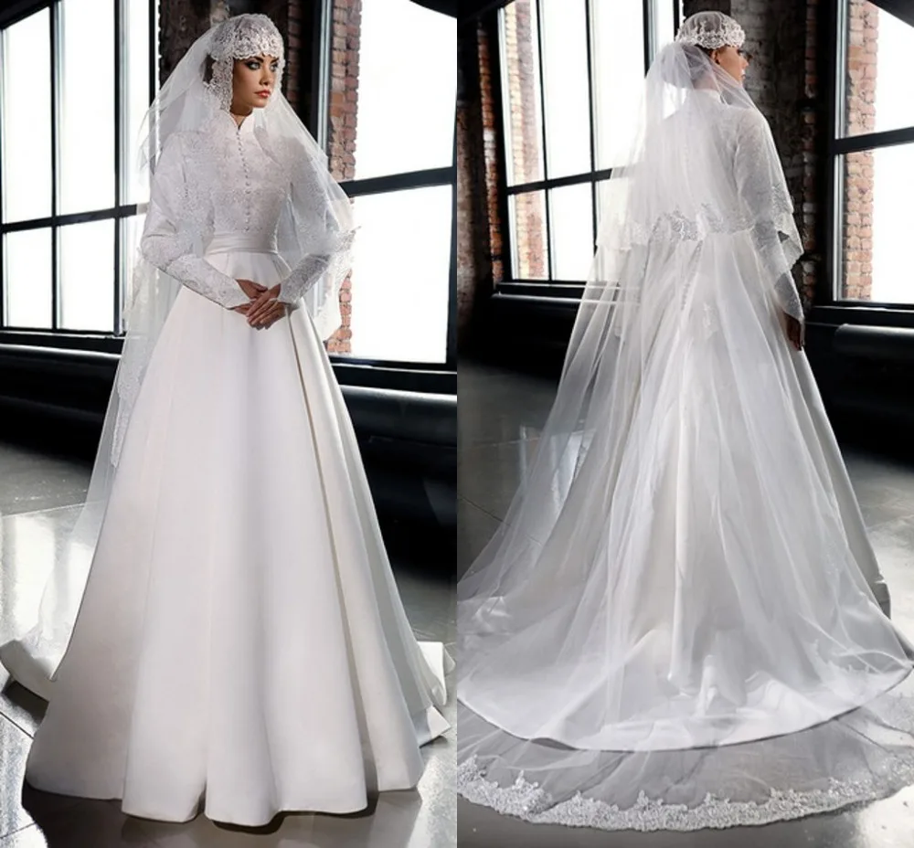 Muslim font b Hijab b font White Ivory High Neck Formal Long Wedding Dresses Long Sleeves