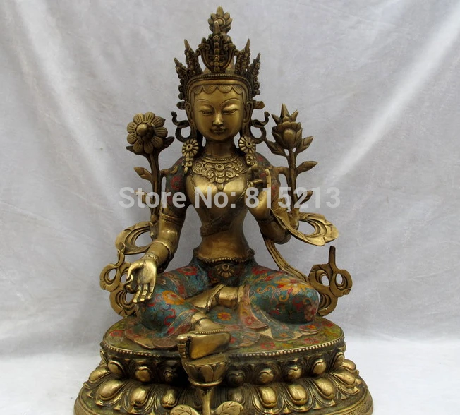 

bi001131 Tibet Buddhism Bronze handwork made cloisonne Green TaRa Kwan-yin Buddha Statue