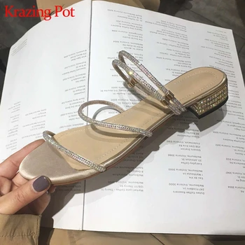 

Krazing pot 2019 bling crystal beading real leather peep toe low heels flip flop wedding European gladiator gorgeous sandals L21