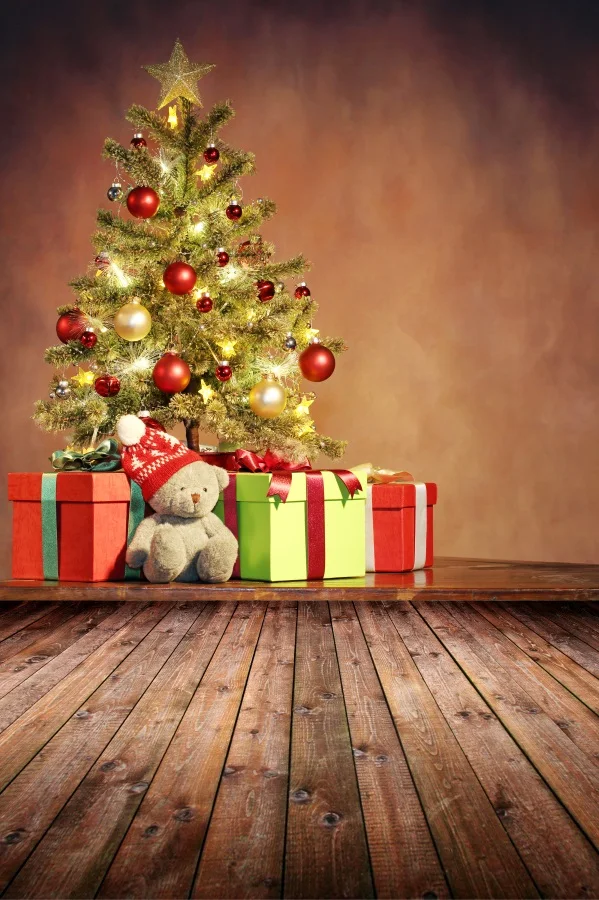 

Laeacco Christmas Tree Gifts Bear Toys Wooden Floor Photography Backgrounds Customized Photographic Backdrops For Photo Studio