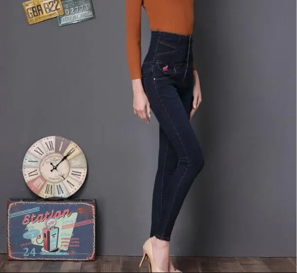 Джинсы для женщин синие джинсы с высокой талией женские эластичные большого размера растягивающиеся женские джинсы потертые джинсы узкие брюки