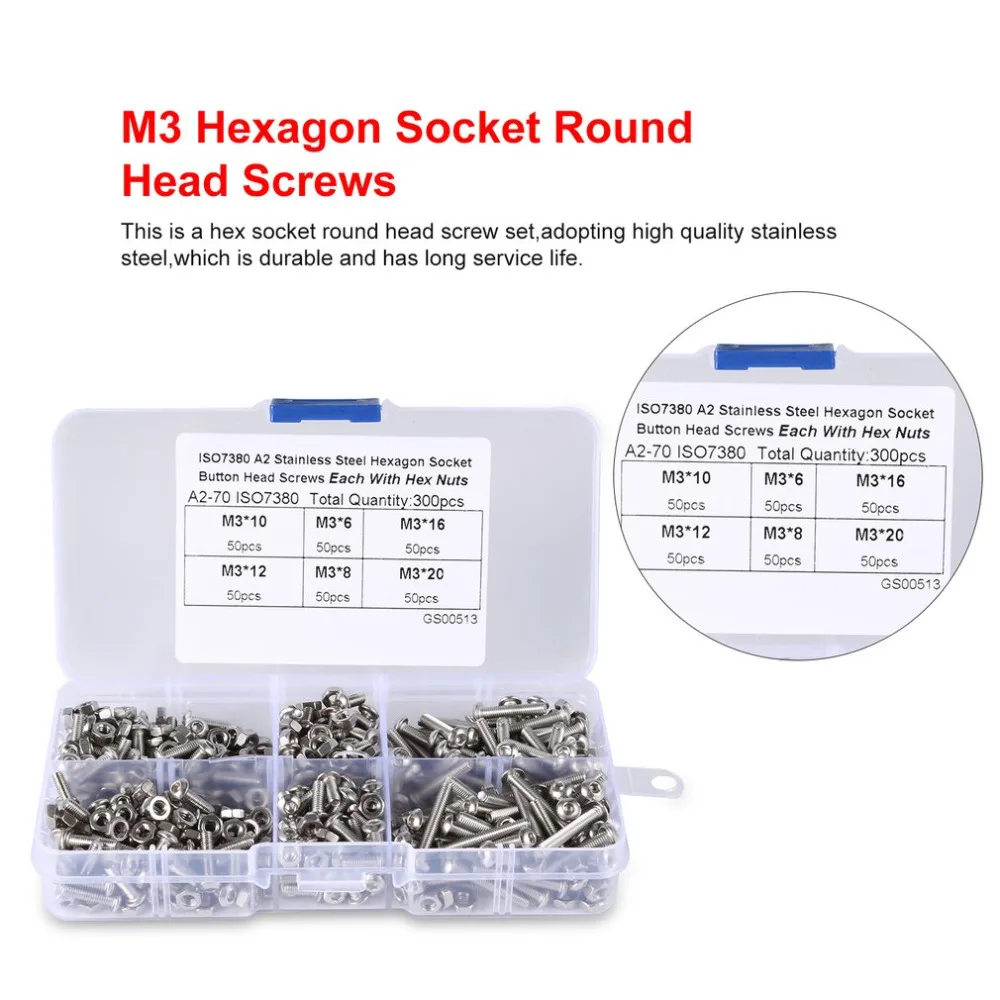 

600PCS M3 Hexagon Socket Round Head Screws set Stainless Steel Button Head Screw Mushroom Hex Socket Screw with M3 Hex Nut