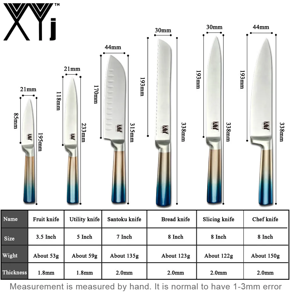 Skup XYj 7 sztuk zestaw noży kuchennych ze stali nierdzewnej Gradient uchwyt 7cr17 ostry nóż noże szefa kuchni 8 uchwyt noża stojak narzędzia