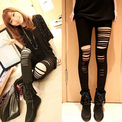 

2017 Women New Style Fashion Hot Sexy Hot Punk Hole Gothic Ripped Slashed Stretch Tights Black Fashion
