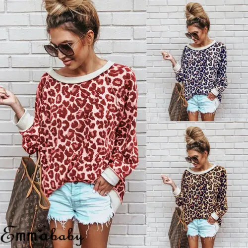 

Spring Women's Loose O Neck Long Sleeve Leopard Print Tops Leopard Patchwork Casual T-Shirt New Fashion