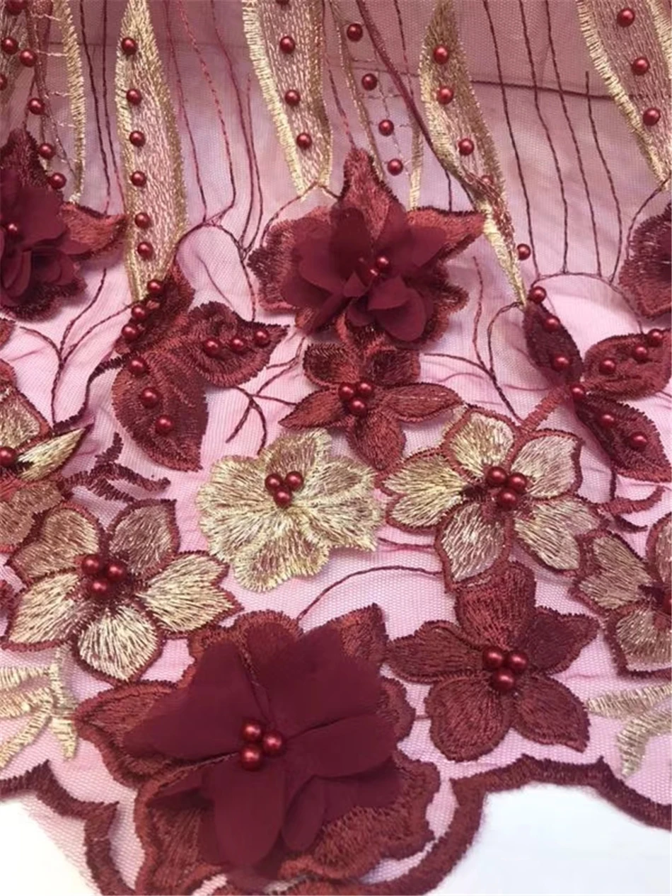 Вышитая бисером 3d Цветы Кружевная Ткань 5 ярдов за лот французская кружевная ткань свадебное праздничное платье кружево Коралловый Красный Тюль Кружева ZXW-54