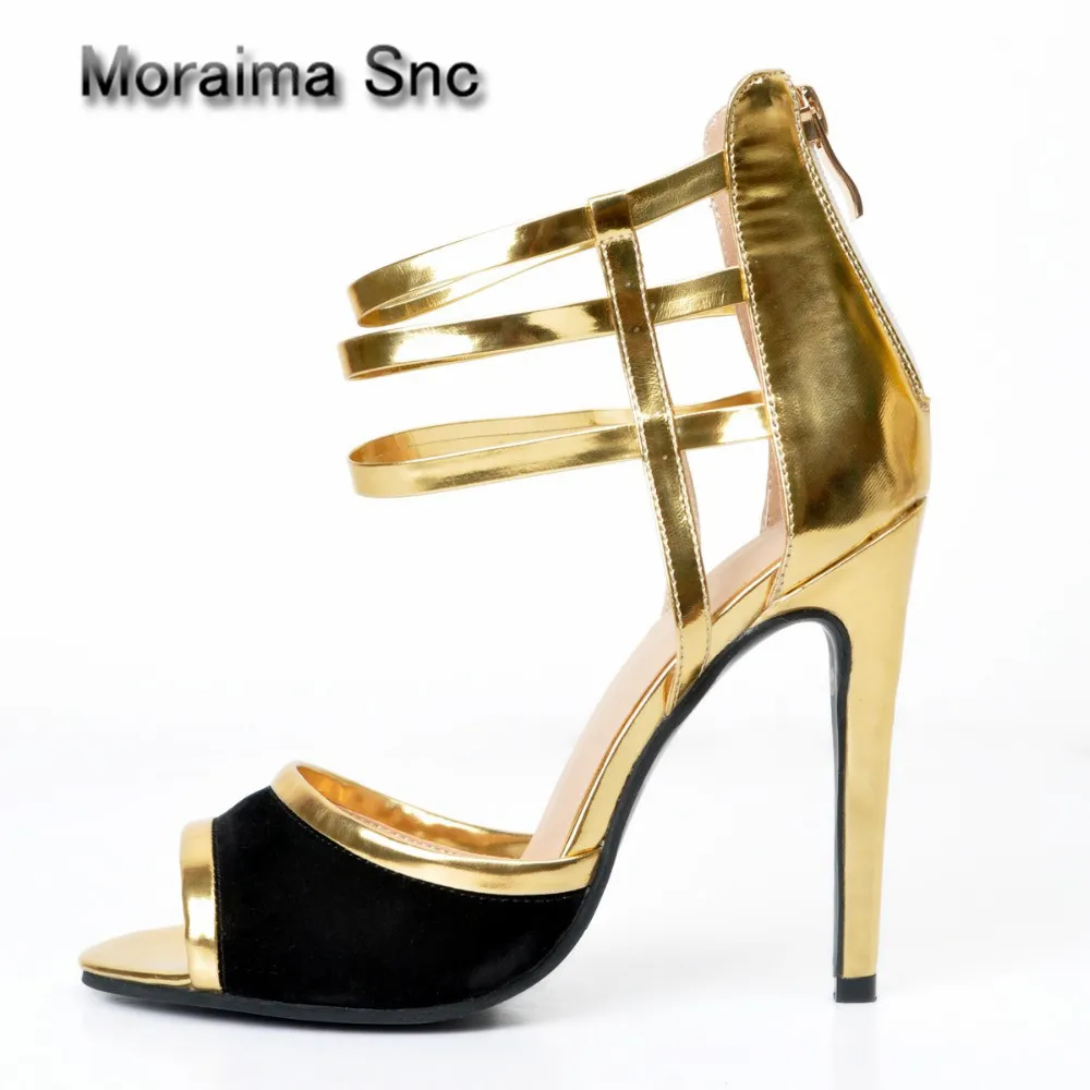 

Moraima Snc 2018 Sexy Peep Toe High Heel Shoes Mixed Colors Gladiator Sandal Thin Heels Shoe Metallic Gold Leather Sandal women