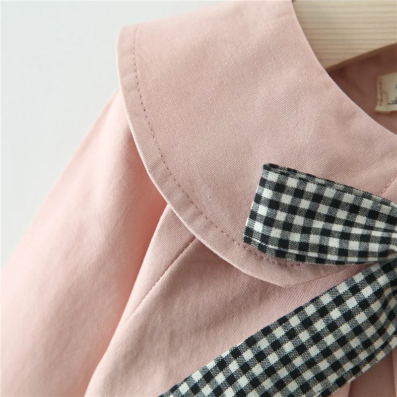 Girls spring solid color plaid bow tie trench baby kids fashion turn-down collar coats kids long sleeve jackets clothes