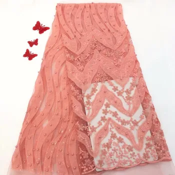 

New peach African lace fabric high quality French black chiffon lace fabric jewel sparkle royal banquet dress YYZ089322