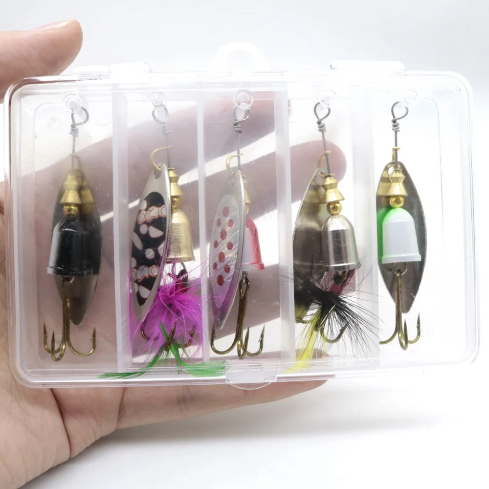 

5 PCS/ lot Rotating Sequin Set Fishing Spoon Spinner Bait 7.7g Fishing Wobbler Metal Bait Spinner Bait lska Artificial With Box