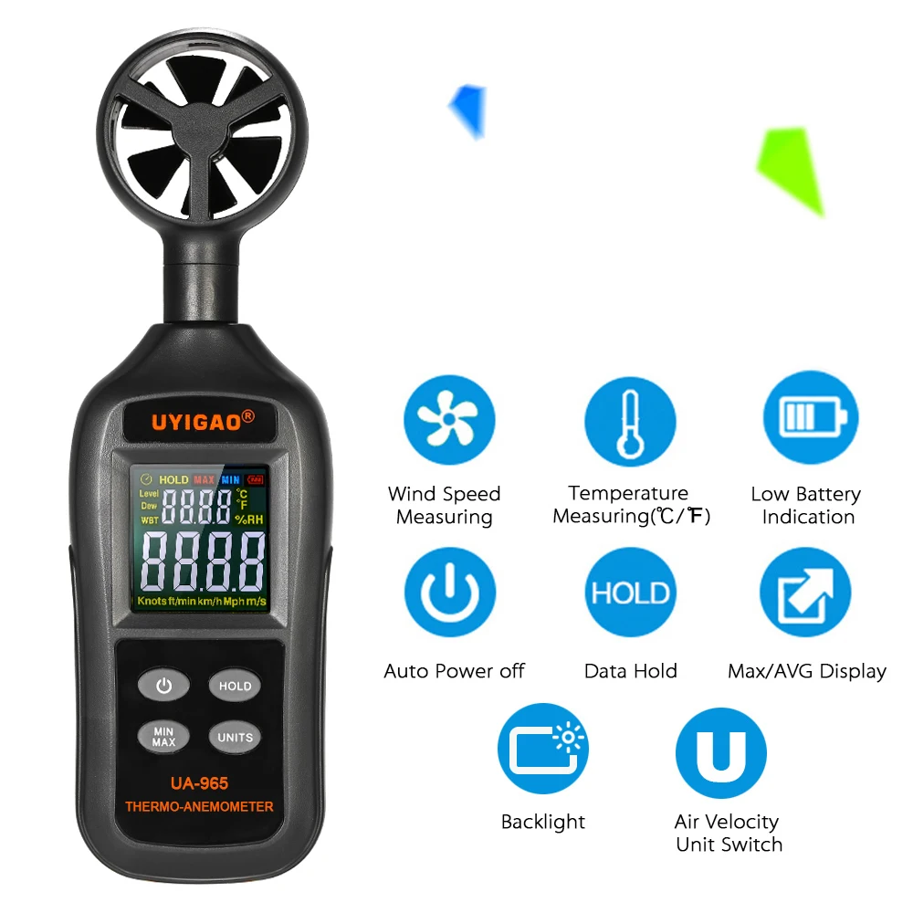 

UYIGAO Digital Tachometer Anemometer Thermometer Handheld Pocket Wind Speed Meter Air Velocity Measuring instrument Tester LCD