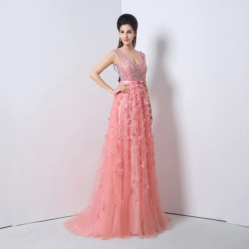 Элегантное розовое Тюлевое вечернее платье с v-образным вырезом, длинное ТРАПЕЦИЕВИДНОЕ ПЛАТЬЕ, модное платье с аппликацией из бисера на заказ JS011