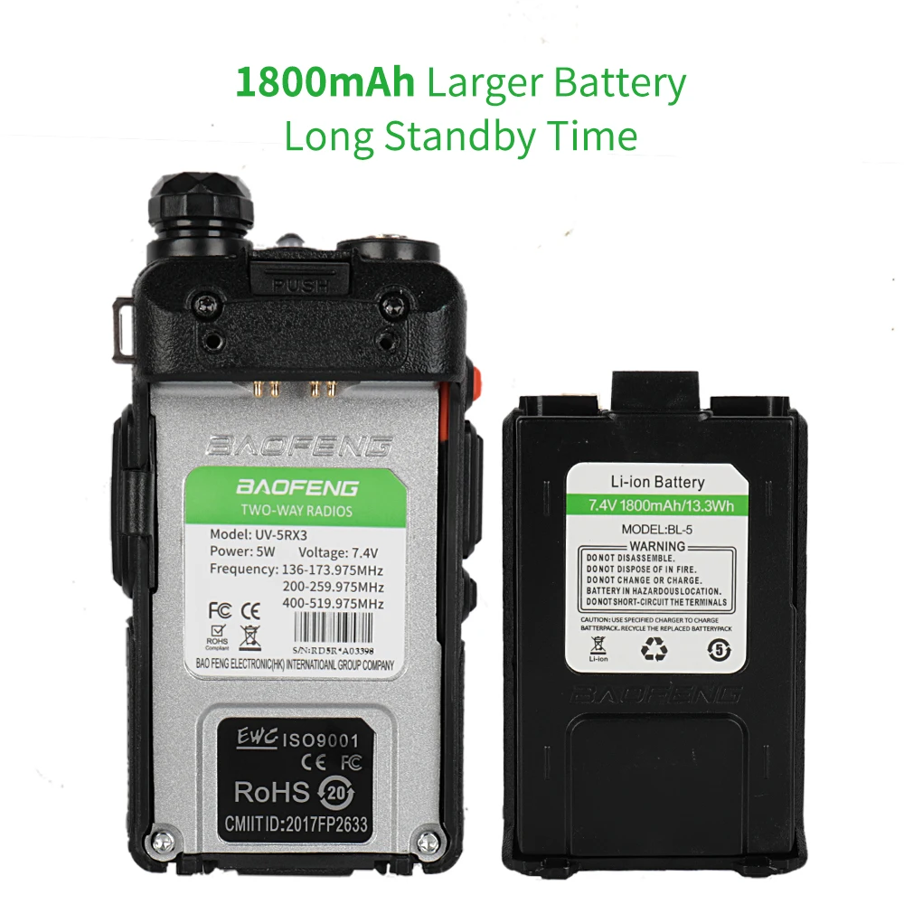 Baofeng UV 5RX3 трехдиапазонная 136 174/220 225/400 520 + 2x антенна 5 Вт трехцветный ЖК дисплей