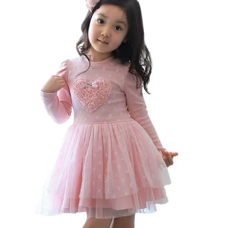 

2018 New Summer Children Girl Princess Heart Pattern Flower Tulle Dress Pink Long-sleeved Girls Dress ZM9