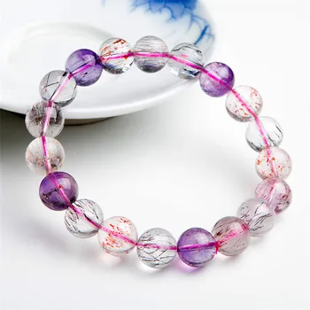 

11mm Genuine Natural Super Seven Melody Stone Stretch Round Bead Bracelet Purple Rutilated Quartz Crystal Bracelet