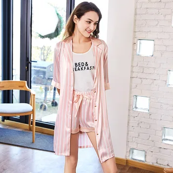 

Pink striped women three-piece set pajama set faux silk spring half sleeve tanks shorts set