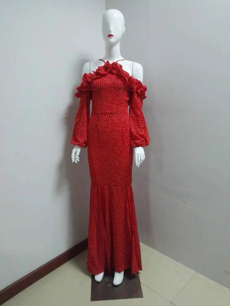 Модные красные Холтер длинное платье для Для женщин высокое качество Для женщин Повседневное в горошек с плеча с длинным рукавом праздничные летние платья