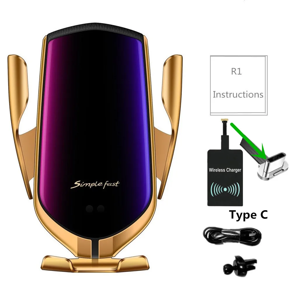 Автомобильное беспроводное зарядное устройство QI 10 Вт быстрое зарядное устройство R1 автоматический зажимной инфракрасный индукционный автомобильный держатель телефона для Iphone X 8 samsung S10 S9 - Тип штекера: GOLD Type c