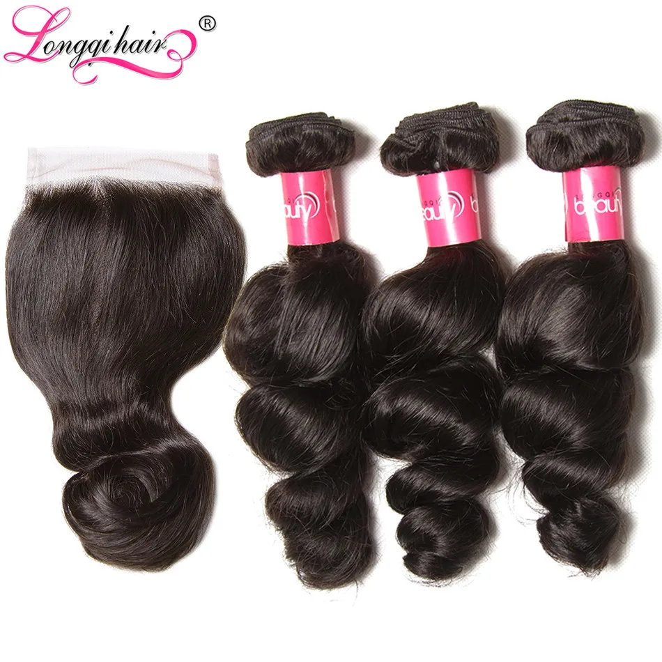 

Longqi Hair Brazilian Loose Wave Bundles With Closure 4x4 Free Part 100% Remy Human Hair Weave 3 Bundles With Lace Closure