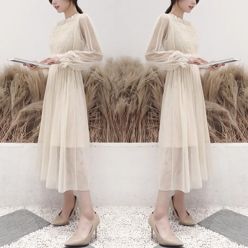 

Elegant Hollow Out Mesh Women Long Dress Spring Female Plus Size Loose Two Pieces Dress Full Sleeve Autumn Vesitido Femme A050