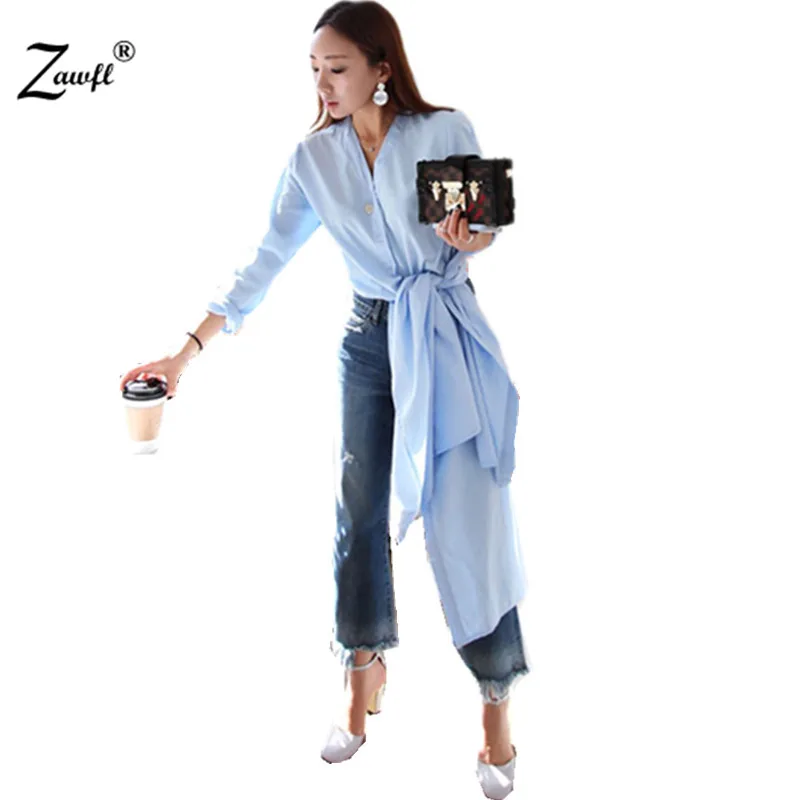 

ZAWFL Spring Women's V Neck Side Splited Long Shirts Female Sky Blue Simple Tops Casual Bowknot Clothes Korean Fashion