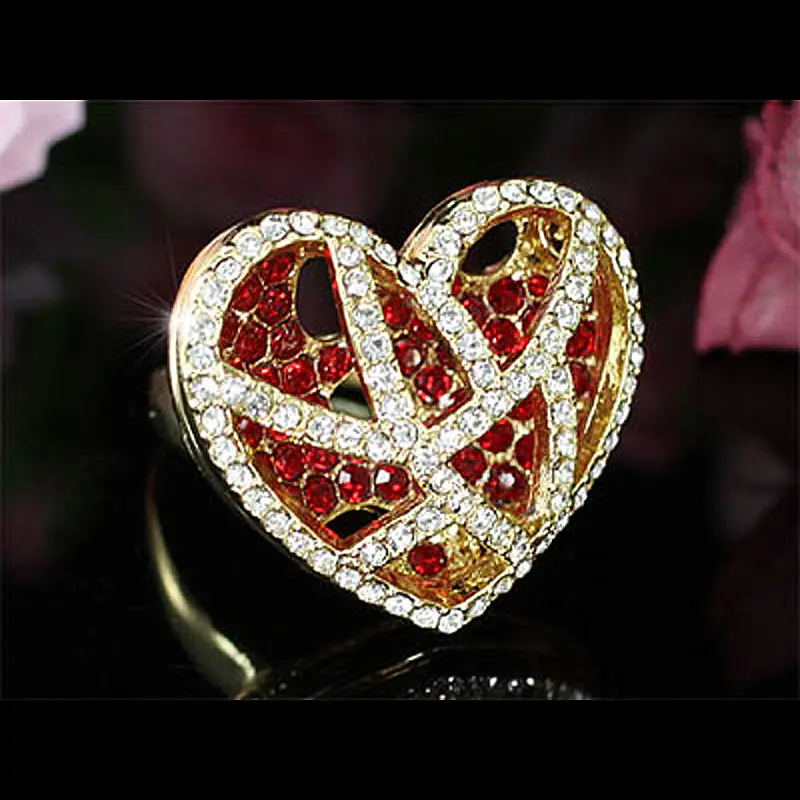 

Peacock Star 3D Heart Red Crystal Gold Color Ring use Austrian Crystal CSR108