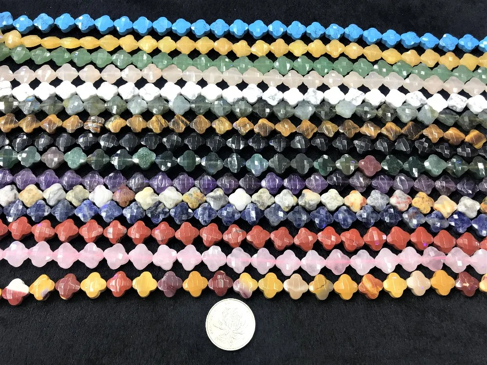 

13mm Four-Leaf Clover Faceted Shape Natural Quartzs Aventurine Flourite Mookaite Jaspers Sodalite Strand 15" For 2str(60pcs)DIY