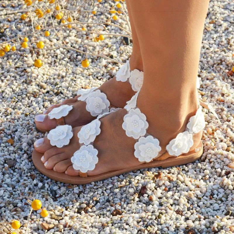 

Women Shoes 2019 Bohemia Flat Sandals Pearl Flower Women Sandals Beads Soft Beach Sandals